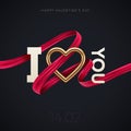 Valentines day greeting illustration. Words I Love You with golden realistic heart and red paint ribbon.